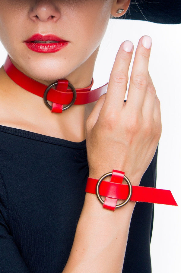 Set Leather Set of Collar and Bracelet, Leather Cuff & Collar with O Ring